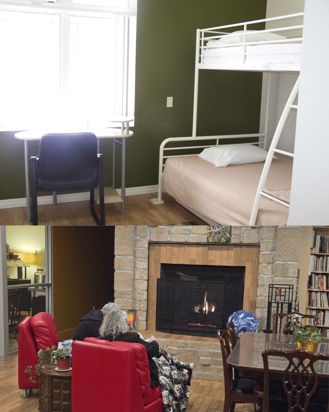 bunkbeds and desk in a room, and view of cozy chairs by the fireplace